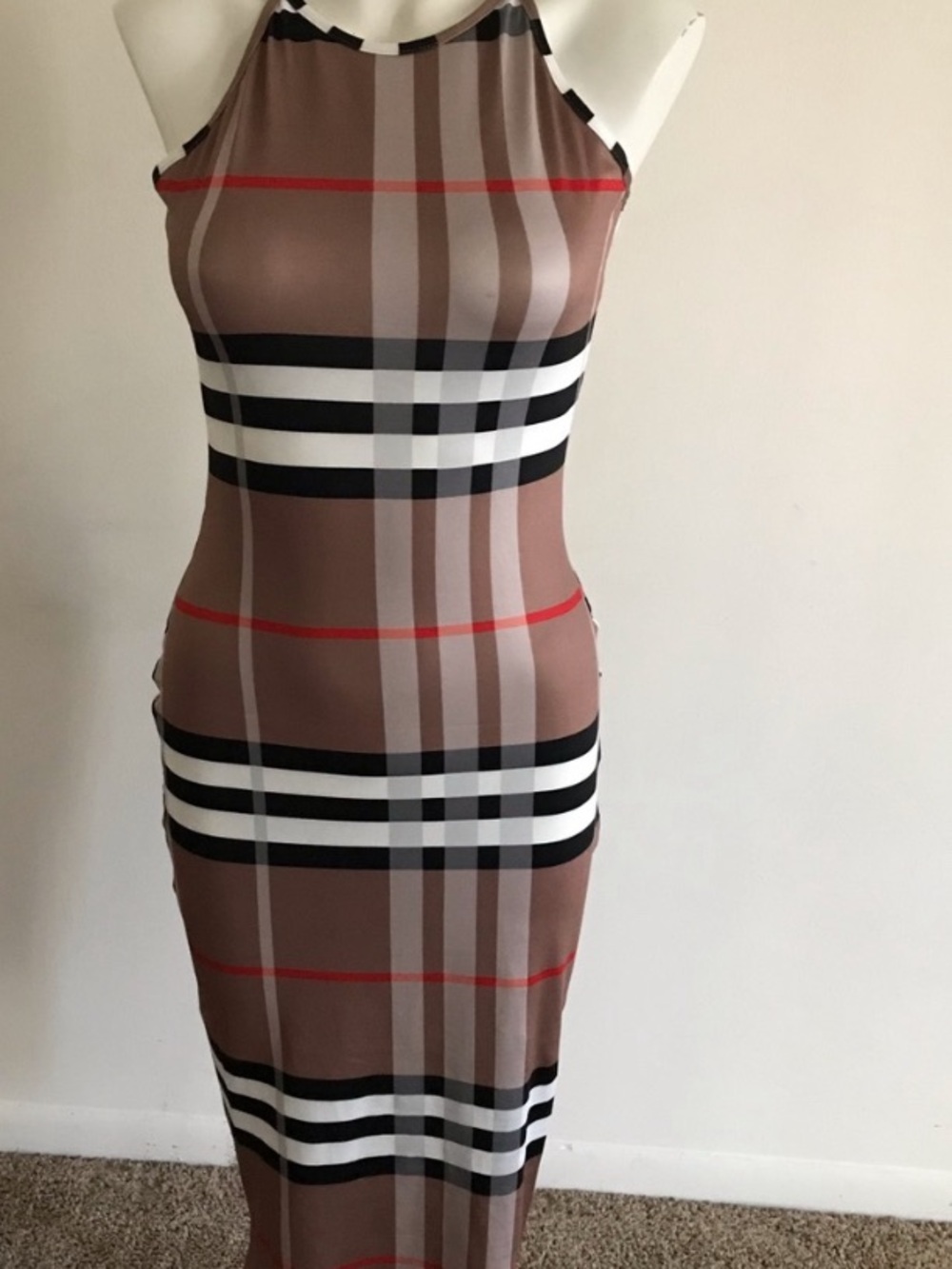 Women's size Tan Plaid Halter bodycon Dress